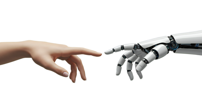 Minimalist close-up of female and robot hand, fingertips nearly meeting in a serene composition. Isolated on transparent background, png - Powered by Adobe
