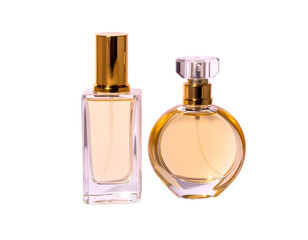 Two variations of realistic crystal perfume bottles with reflective surfaces isolated on transparent background