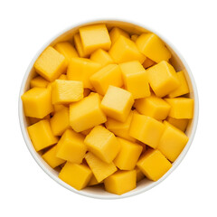 Top view mango cubes on a white bowl, white background isolated