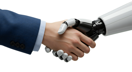 Overhead view: blue business hand merges with white robotic arm. Isolated on transparent background, png