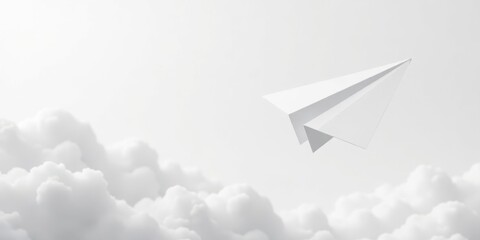 A solitary paper airplane gracefully soars through a serene, bright white sky, amidst fluffy white clouds, symbolizing dreams taking flight and aspirations reaching new heights.
