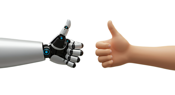 Photorealistic 3D render of robot and human hands giving thumbs up, metallic and warm skin contrast. Isolated on transparent background, png