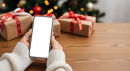 Hands in cozy sweater holding smartphone with blank screen at wooden table, wrapped Christmas gifts with red bows and festive tree lights in background, holiday shopping or virtual greetings concept

