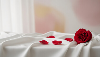 Red rose and petals on white fabric for Valentine's Day decoration, space for text
  