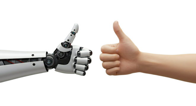 Photorealistic 3D: robot and human hands with wrists touching, minimalist unity in the thumbs up gesture. Isolated on transparent background, png