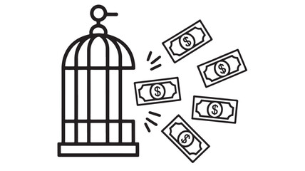 Money flying out of an open birdcage, symbolizing financial freedom or escape from debt.