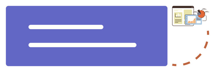 Blue bar with text lines paired with bug icon tracking analysis on diverse screens. Ideal for software, debugging, data, programming, troubleshooting, IT systems management, simple flat metaphor