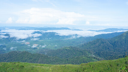 Fototapeta premium Panoramic vista over mountain landscape: The lush green slopes of majestic mountains gradually give way to a soft, misty horizon.
