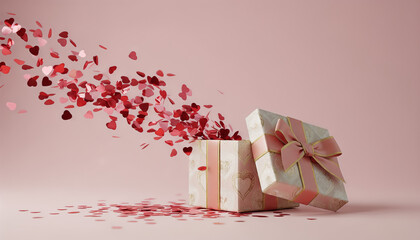 Gift box spilling heart-shaped confetti for Valentine's Day celebration  