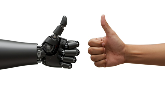 Photorealistic variant: matte black robot hand, medium-tan human hand, perfect mirrored thumbs up. Isolated on transparent background, png
