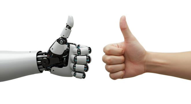 Photorealistic 3D robot and human hands giving a thumbs up in perfect symmetry, gleaming metallic and lifelike skin details. Isolated on transparent background, png