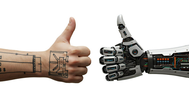 Photorealistic 3D: human hand thumb tattoo, robot thumb with circuit engravings, crisp symmetry. Isolated on transparent background, png - Powered by Adobe