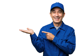 Smiling handyman in blue uniform isolated on transparent background