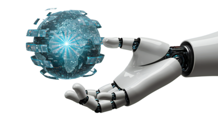 Stylized view: male robot hand balancing digital globe emitting holographic segments and neural webs, dynamic illuminated tech, isolated on transparent background, png