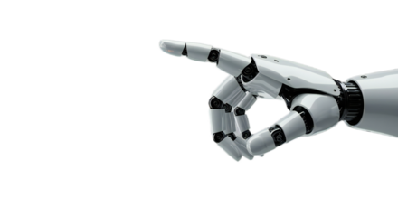 Robot hand circling a luminous digital globe with real-time map, glowing circuitry and floating data points, isolated on transparent background, png