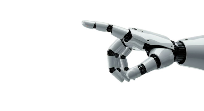 Robot hand circling a luminous digital globe with real-time map, glowing circuitry and floating data points, isolated on transparent background, png