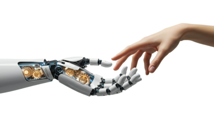 Robot hand with glowing gears seen through transparent panel, approached by graceful female hand. Isolated on transparent background, png