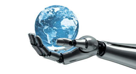 Variation with multifaceted holographic digital globe refracting blue-white light, tenderly held by chrome robot hand, futuristic clinical clarity, isolated on transparent background, png