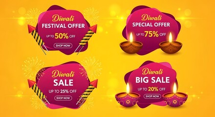 Diwali festival offer, special offer, sale, and big sale with discounts and firecrackers, illuminated by diyas on a vibrant yellow background