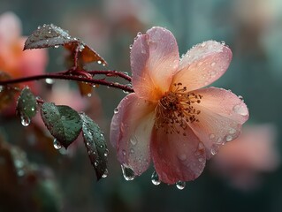 Close-up of old rose with delicate pink petals and green leaves, raindrops glistening, macro lens for intricate details, bokeh effects for depth and dimensionality