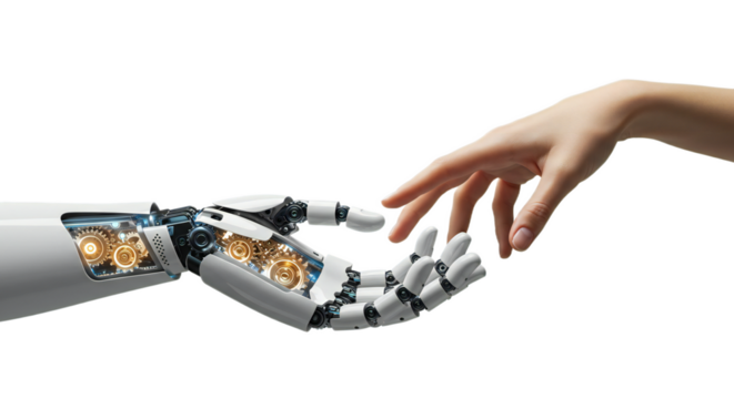 Robot hand with glowing gears seen through transparent panel, approached by graceful female hand. Isolated on transparent background, png
