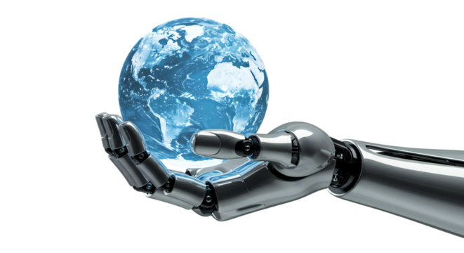 Variation with multifaceted holographic digital globe refracting blue-white light, tenderly held by chrome robot hand, futuristic clinical clarity, isolated on transparent background, png