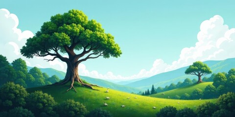 Serene Pastoral Landscape Featuring Majestic Trees on Rolling Green Hills Under a Summer Sky