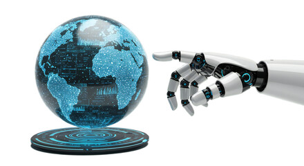 Photorealistic scene of chrome robot hand interacting with rotating digital globe projecting holographic interface panels, isolated on transparent background, png