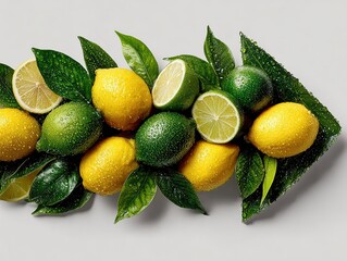 Group of lemons arranged in arrow shape on white background, some cut open to reveal yellow interiors, web banner with copy space on right