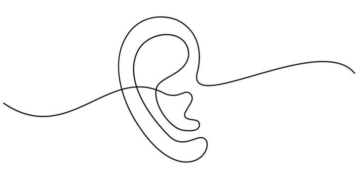 Human ear one continuous line . Single line editable vector drawing of the hearing part of the body. Vector illustration