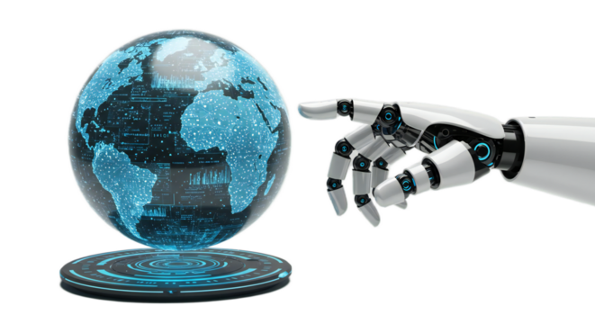 Photorealistic scene of chrome robot hand interacting with rotating digital globe projecting holographic interface panels, isolated on transparent background, png