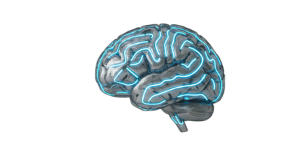 Photorealistic 3D visualization of layered metallic mesh robotic brain as research interface, isolated on transparent background, png