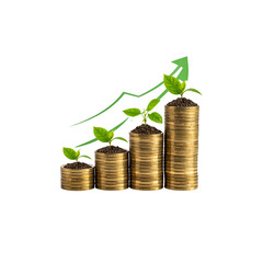 Gold coins and 3D business graph with up arrows represent financial market growth and investment success