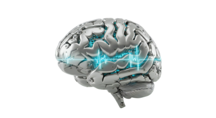 Studio-lit centered 3D render of robotic AI computational brain with chrome and acrylic layers, latticework pulses, isolated on transparent background, png