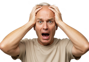Man with hands on head, shocked expression, isolated on transparent background