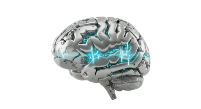 Studio-lit centered 3D render of robotic AI computational brain with chrome and acrylic layers, latticework pulses, isolated on transparent background, png