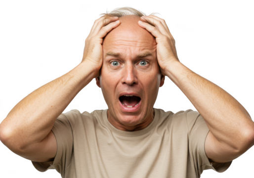 Man with hands on head, shocked expression, isolated on transparent background