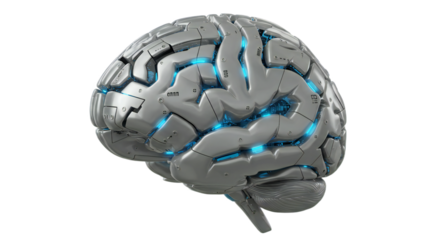 Clean scientific 3D render of chrome-segmented robotic brain for AI research with blue-lit neural layers, isolated on transparent background, png