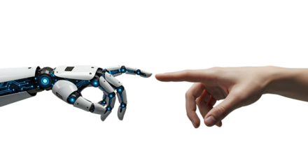 AI hand with semi-transparent glowing fingers, human illuminated by blue wiring, technological wonder high five. Isolated on transparent background, png