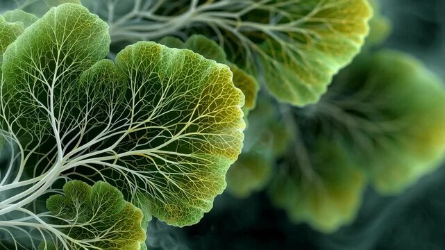 Chlorophyll process concept ,Green leaf vein structure close up showing organic texture nature pattern glowing edges vibrant