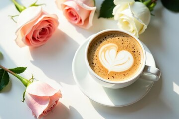 Aromatic Coffee with Delicate Rose Petals on a Sunny Morning