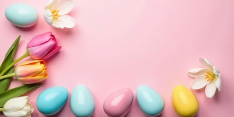 Pastel Easter Eggs and Tulips on Pink Background A Festive Springtime Image