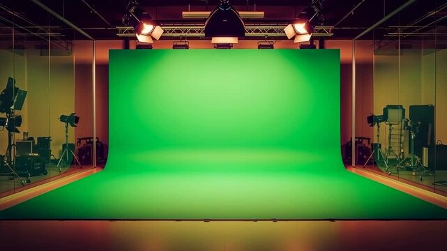 Spacious film studio with a green screen backdrop and professional lighting equipment setup