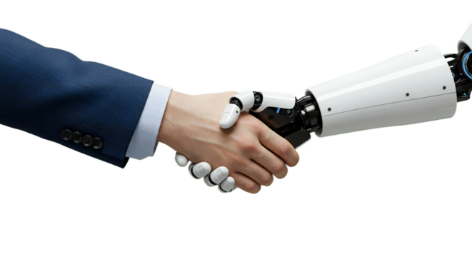Symmetrical minimalist handshake, human in indigo-blue sleeve and pristine white robot, clean soft lighting, monochrome, professionalism, isolated on transparent background, png
