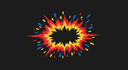 A dynamic and colorful comic book style explosion graphic bursts with vibrant red, yellow, and blue hues against a dark background, symbolizing impact and energy.