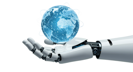 High-key, symmetrical scene with a male robot hand supporting a crystalline, holographic communication globe. Isolated on transparent background, png