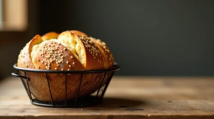Golden-crusted artisan bread, baked to perfection, sits nestled in a rustic wire basket on a weathered wooden table, bathed in soft, warm light.
