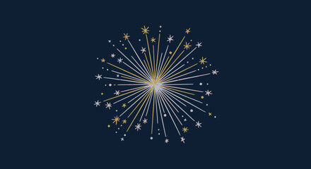 Fototapeta premium An elegant illustration depicting a celebratory starburst explosion with shimmering gold and silver light rays on a sophisticated dark blue canvas.