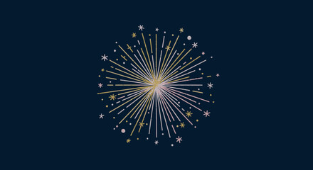 An elegant illustration of sparkling fireworks bursting with golden and silver light against a deep blue night sky, symbolizing celebration and joy.