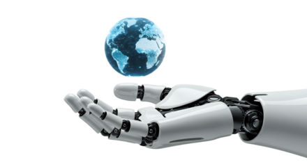 Ultra-detailed close-up: robot hand presents a floating digital globe with blue lights and data streams, immaculate on transparent background, png